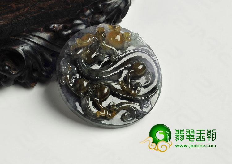 冰种墨色带黄翡缅甸翡翠A货飞龙戏珠挂件