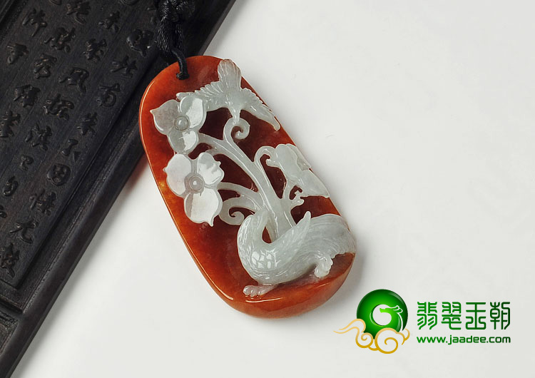 糯冰种褐红翡缅甸翡翠A货鸟语花香挂件