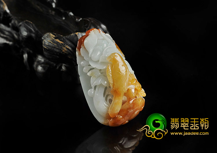 糯冰种褐黄翡缅甸翡翠A货鸟语花香挂件