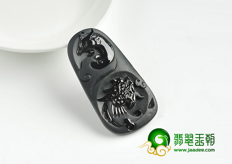 糯冰种墨翠缅甸翡翠A货龙凤牌挂件