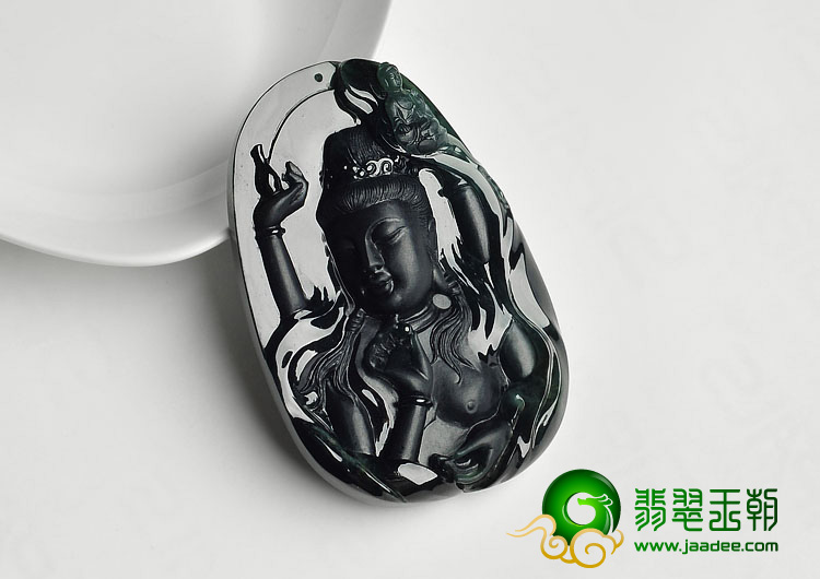 冰种墨翠缅甸翡翠A货千手观音挂件