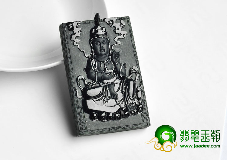 细糯种墨翠缅甸翡翠A货观音挂件