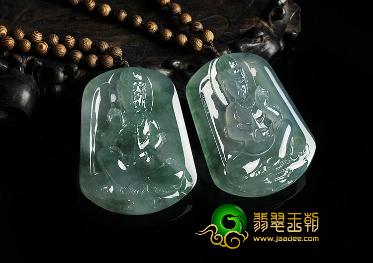 冰种飄绿花缅甸翡翠A货观音挂件（一对）