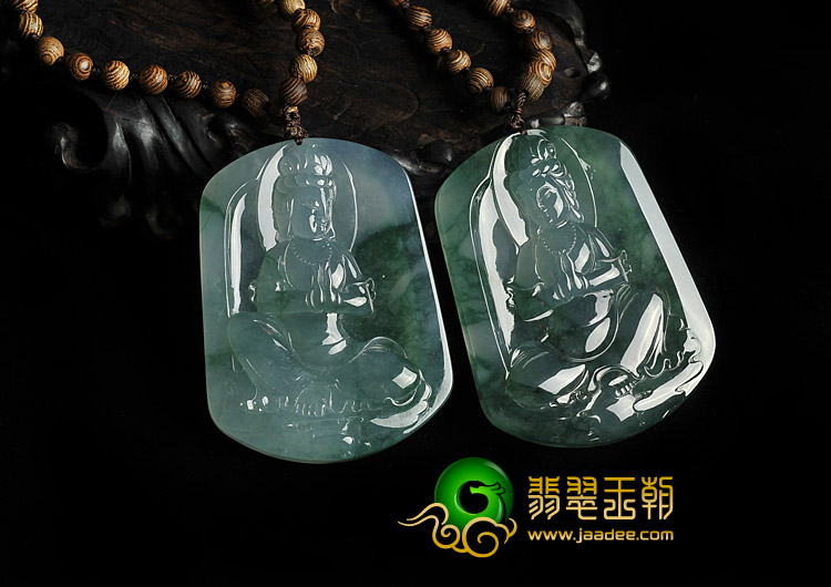 冰种飄绿花缅甸翡翠A货观音挂件（一对）