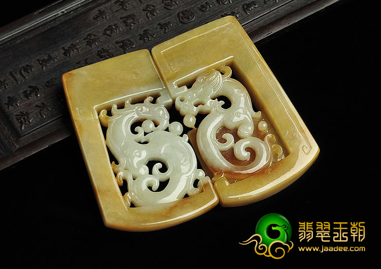 糯冰种褐黄翡缅甸翡翠仿古龙凤牌挂件（一对）