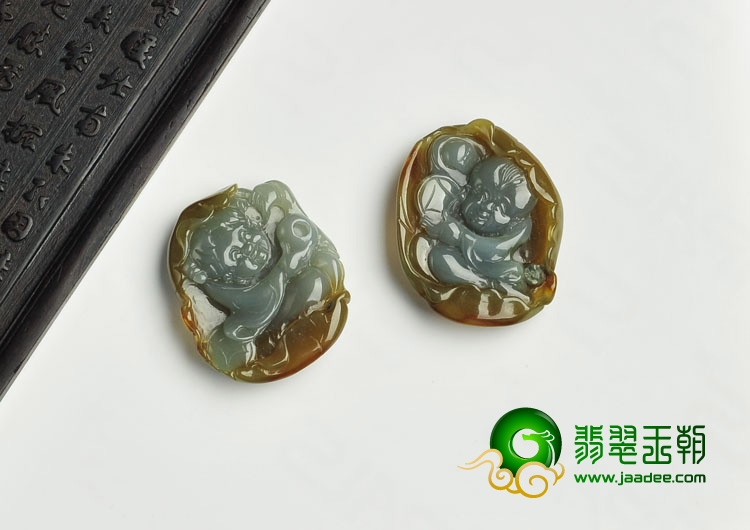 冰种褐黄翡缅甸翡翠A货金童玉女挂件（一对）