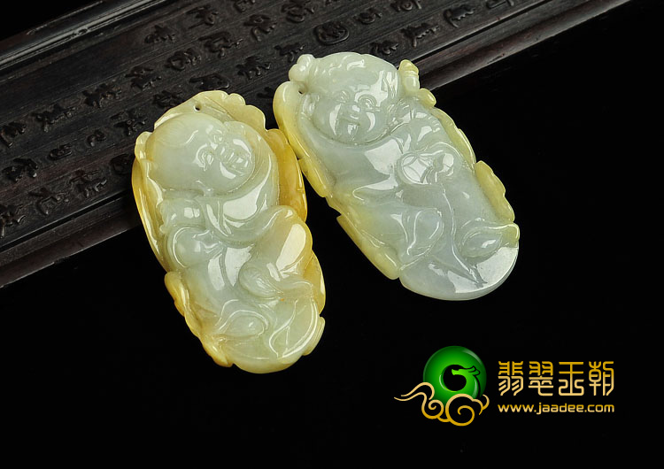 糯冰种黄翡缅甸翡翠A货金童玉女挂件（一对）
