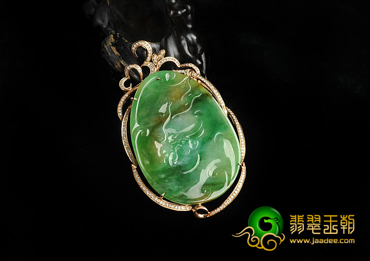 糯冰种黄加绿缅甸翡翠A货镶玫瑰金凤来仪胸坠（真钻）