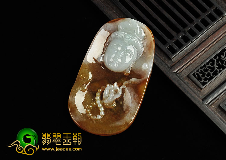 冰种褐黄翡缅甸翡翠A货观音头挂件