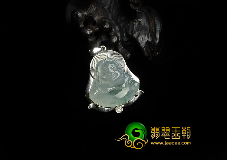 冰种飘花缅甸翡翠A货镶白金玉佛胸坠