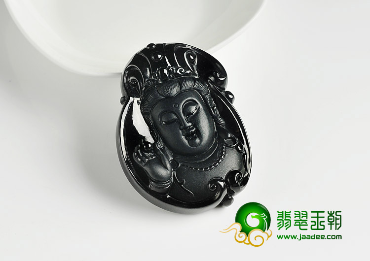 细糯种墨翠缅甸翡翠A货观音头挂件