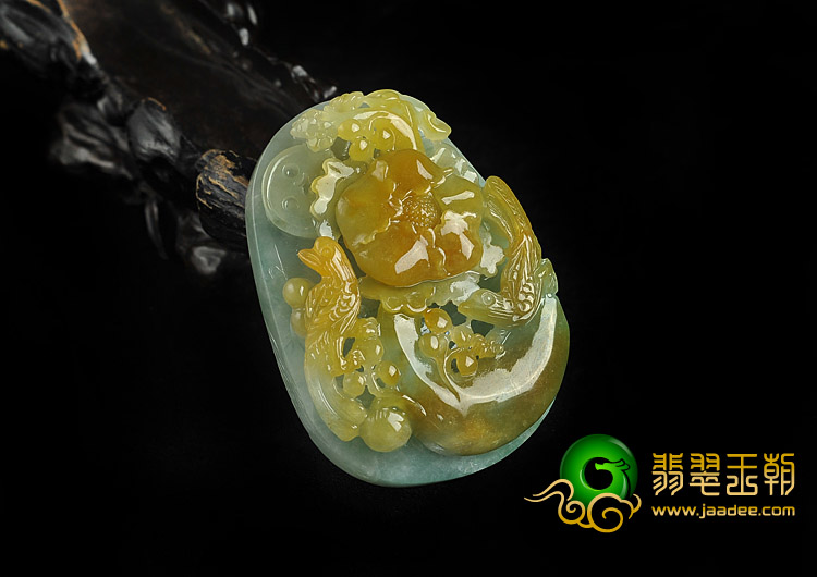 糯冰种褐黄翡缅甸翡翠A货富贵双喜挂件