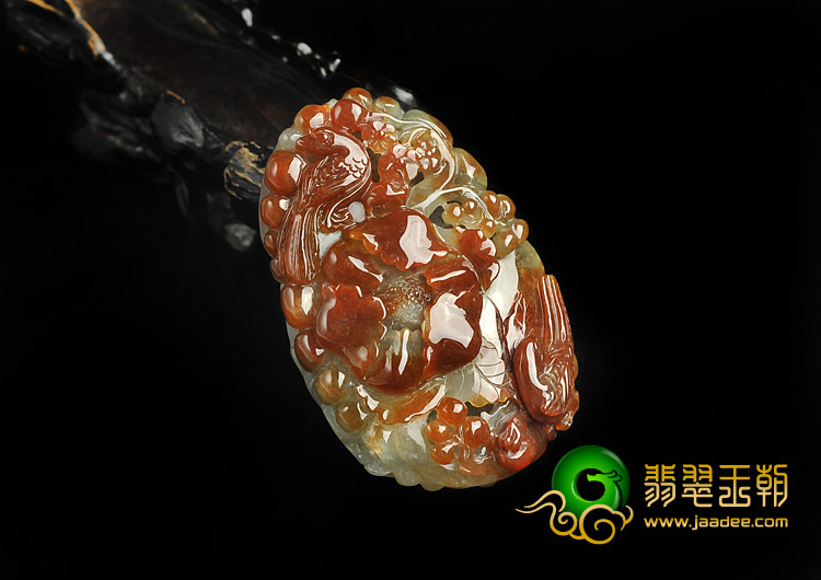 糯冰种褐红翡缅甸翡翠A货花开富贵挂件