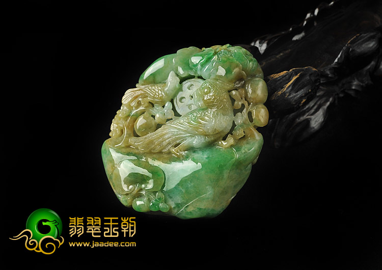 糯冰种黄加绿缅甸翡翠A货鸟语花香手玩件