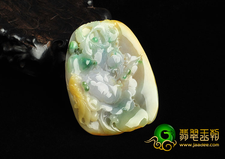 糯冰种三彩缅甸翡翠A货花开富贵挂件
