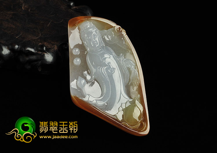 冰种褐黄翡缅甸翡翠A货观音挂件