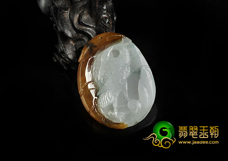 冰种褐黄翡飘花缅甸翡翠A货仙鹤挂件
