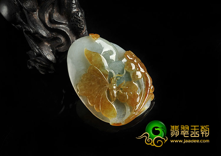 冰种褐黄翡飘花缅甸翡翠A货蝶恋花挂件