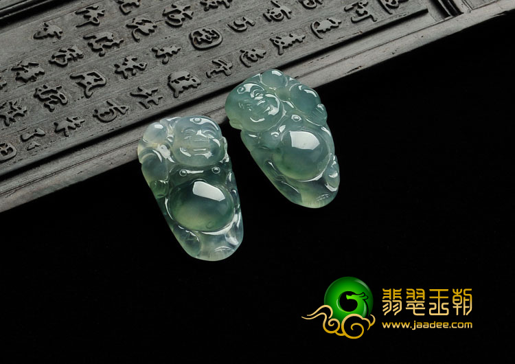 冰种飘花缅甸翡翠A货逍遥佛挂件（一对）