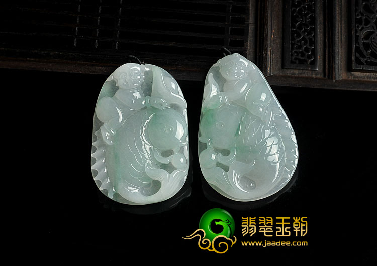 冰种飘花缅甸翡翠A货招财童子挂件（一对）