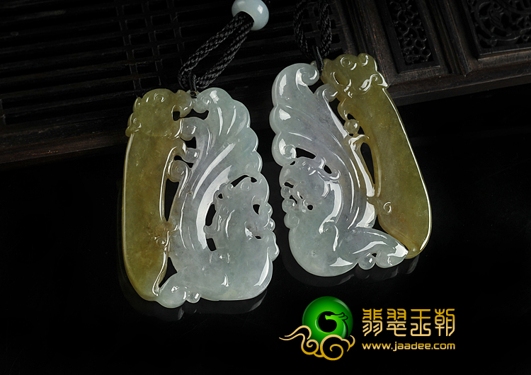 冰种紫罗兰褐黄翡缅甸翡翠A货龙凤牌挂件（一对）