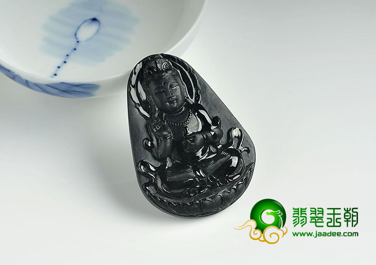糯冰种墨翠缅甸翡翠A货观音挂件