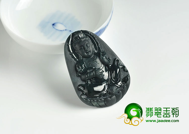 糯冰种墨翠缅甸翡翠A货观音挂件