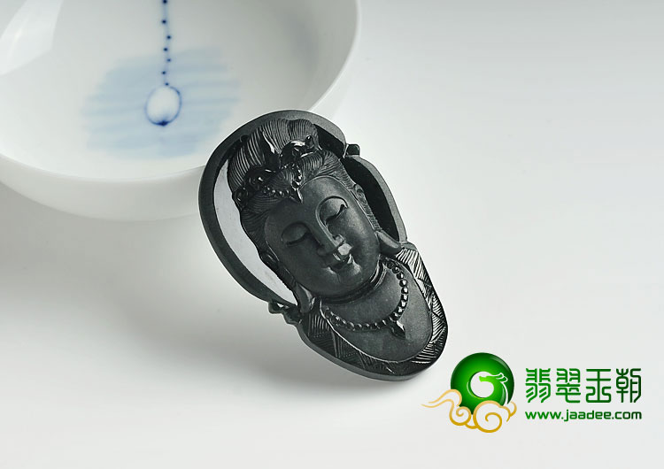 冰种墨翠缅甸翡翠A货观音头挂件
