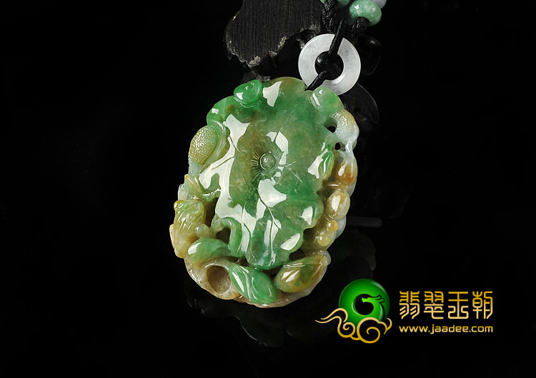 糯冰种黄加绿缅甸翡翠A货一品清莲挂件