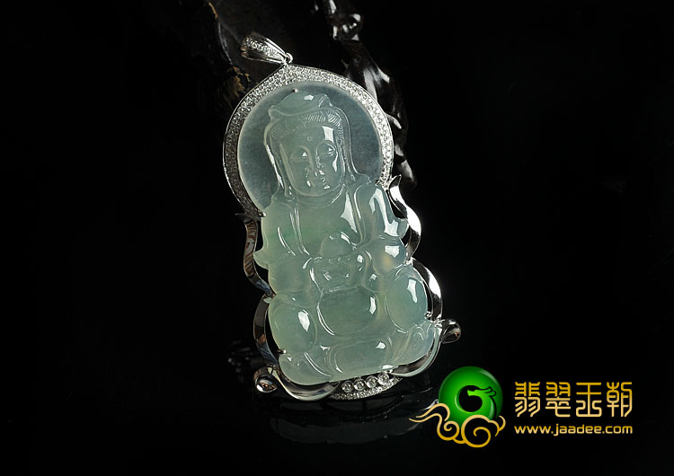 冰种晴水缅甸翡翠A货镶白金观音胸坠（真钻）