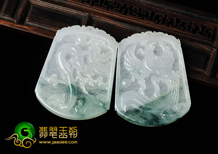冰种飘花缅甸翡翠A货龙凤牌挂件（一对）
