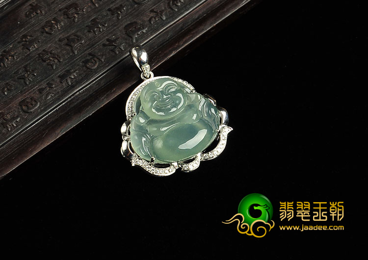 冰种晴水缅甸翡翠A货银镀金玉佛胸坠（水钻）