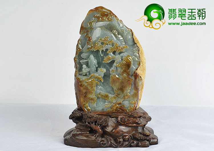 糯冰种褐黄翡晴水缅甸翡翠A货山水摆件