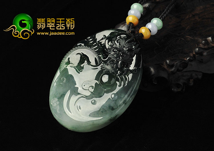 冰种飘花缅甸翡翠A货龙凤呈祥挂件
