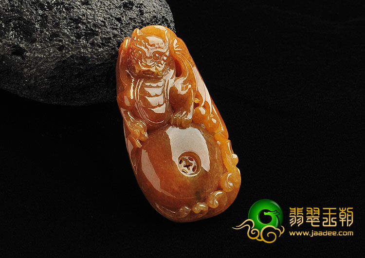 糯冰种褐黄翡缅甸翡翠A货福在眼前挂件