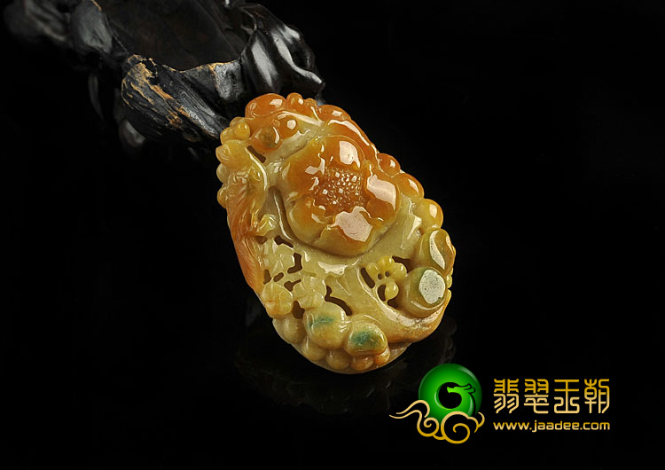 糯冰种褐黄翡略飘花缅甸翡翠A货喜上枝头挂件