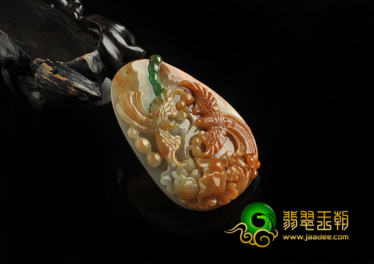 糯冰种褐红翡略带翠缅甸翡翠A货双喜临门挂件
