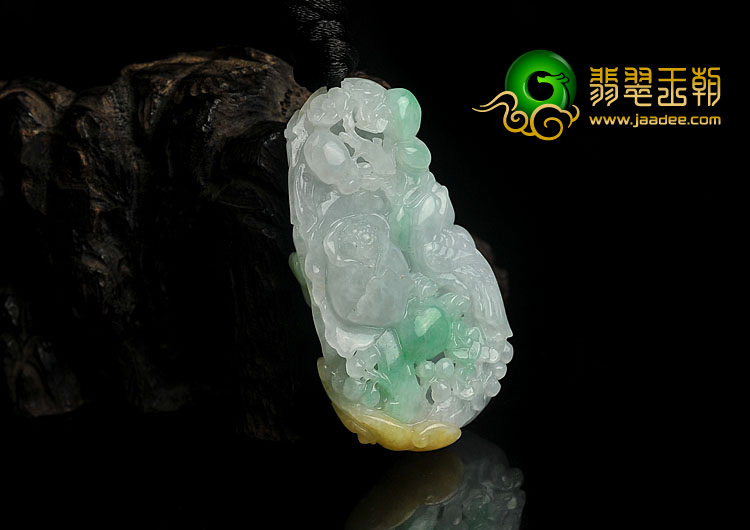 糯冰种黄加绿缅甸翡翠A货鸟语花香挂件