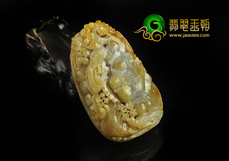 细糯种褐黄翡缅甸翡翠A货花开富贵手玩件