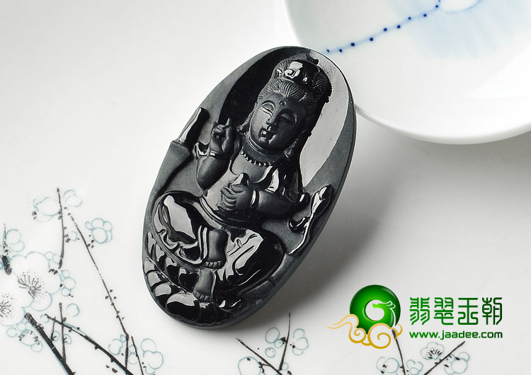 糯冰种墨翠缅甸翡翠A货观音挂件