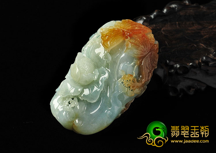 糯冰种褐黄翡缅甸翡翠A货蝶恋花手玩件