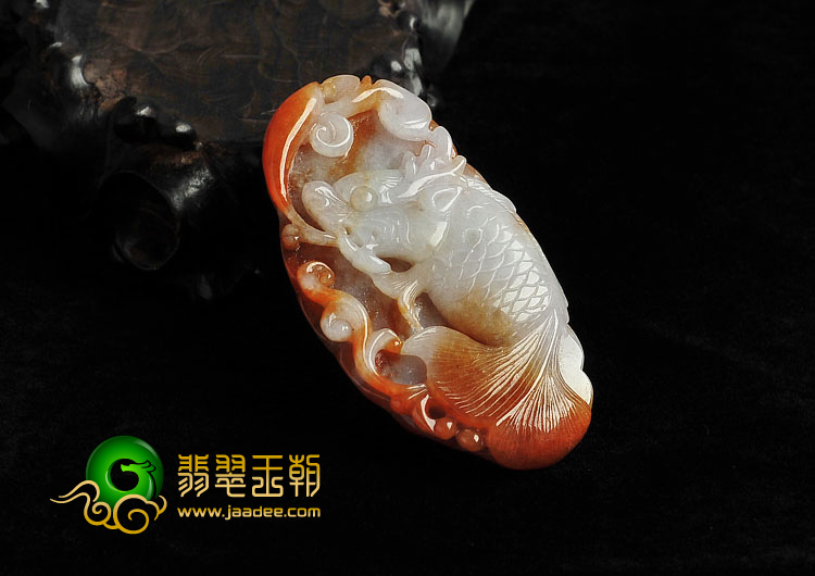 糯冰种褐红翡缅甸翡翠A货龙头鱼挂件
