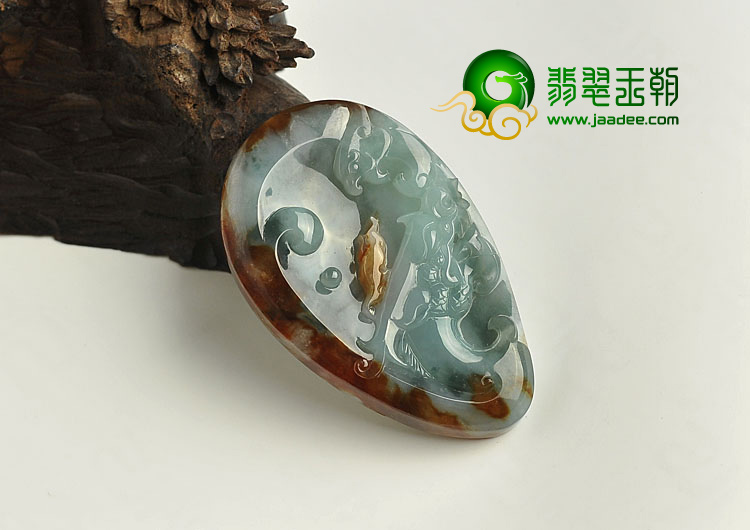 糯冰种褐红翡飘花缅甸翡翠A货龙凤牌挂件