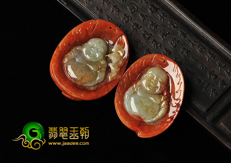 糯冰种褐红翡缅甸翡翠A货玉佛挂件（一对）