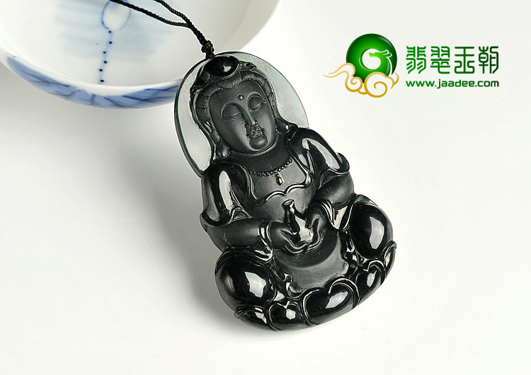 冰玻种墨翠缅甸翡翠A货观音挂件
