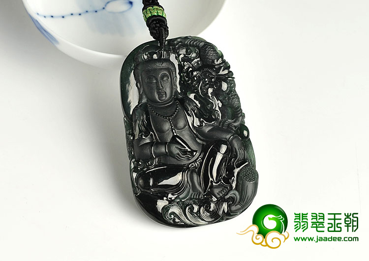 冰种墨翠缅甸翡翠A货降龙观音挂件
