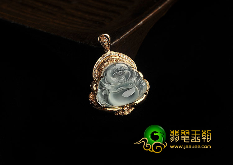 冰玻种缅甸翡翠A货镶玫瑰金玉佛胸坠（真钻）