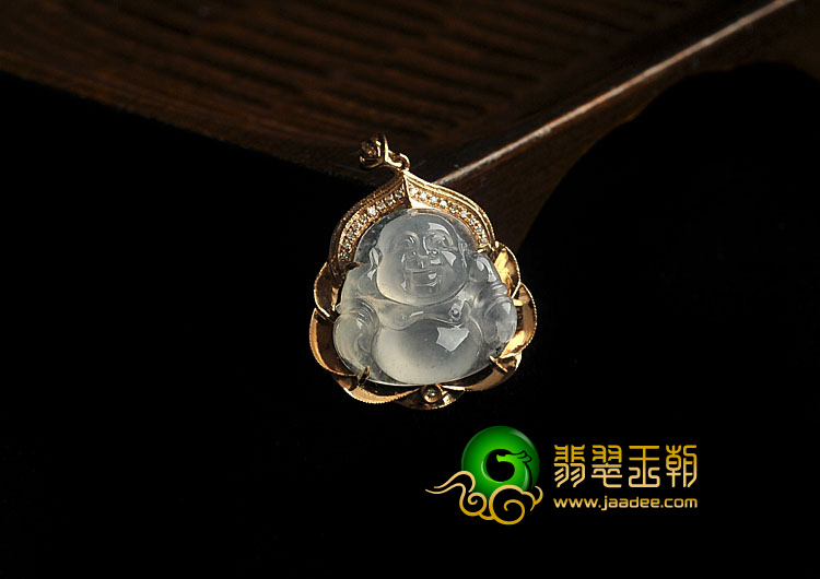冰种缅甸翡翠A货镶玫瑰金玉佛胸坠（真钻）
