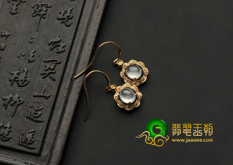 冰玻种缅甸翡翠A货镶玫瑰金耳坠（真钻）