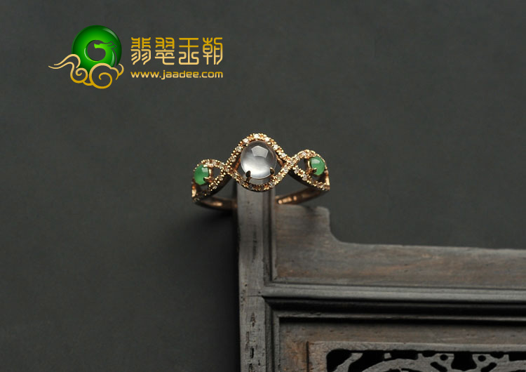 冰玻种缅甸翡翠A货镶玫瑰金戒指（真钻）